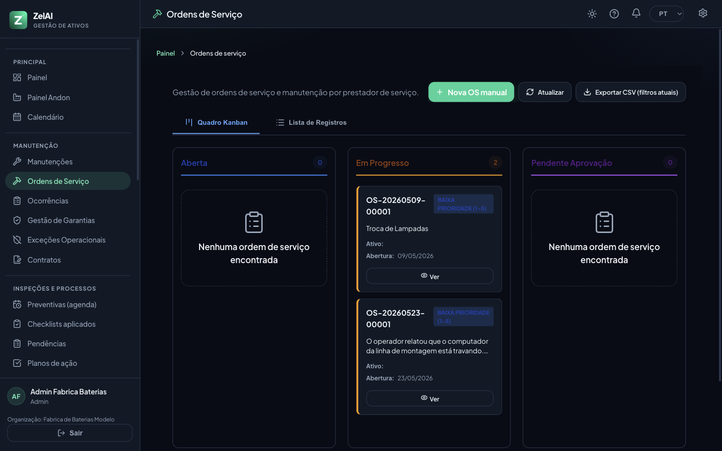 Quadro Kanban de ordens de serviço por status