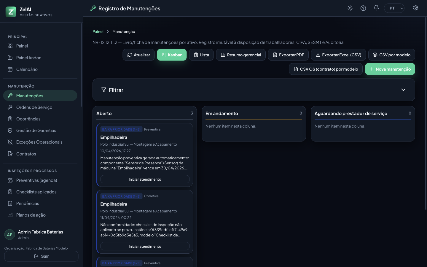 Registro de manutenções preventivas e corretivas em Kanban