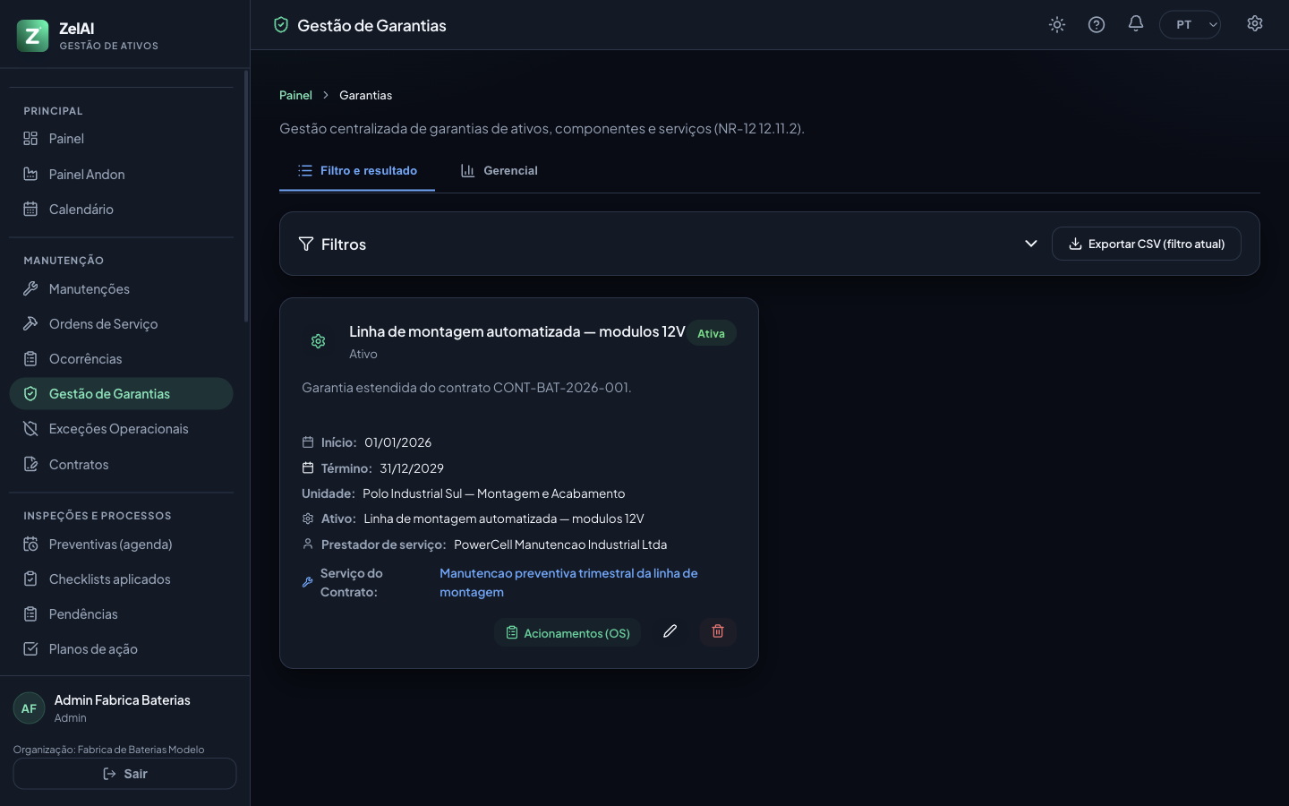 Gestão de garantias de ativos e componentes